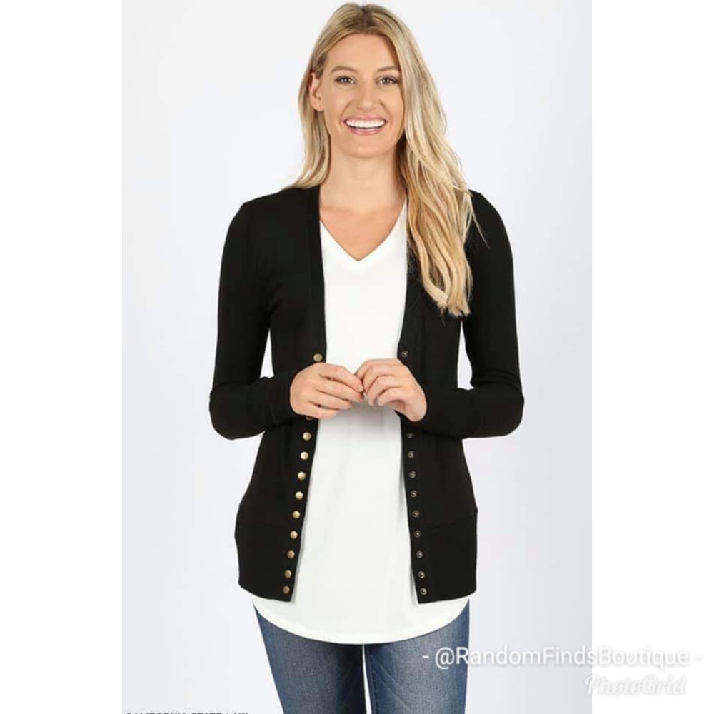 Black SNAP BUTTON CARDIGAN WITH RIBBED DETAIL - Picture 3 of 6